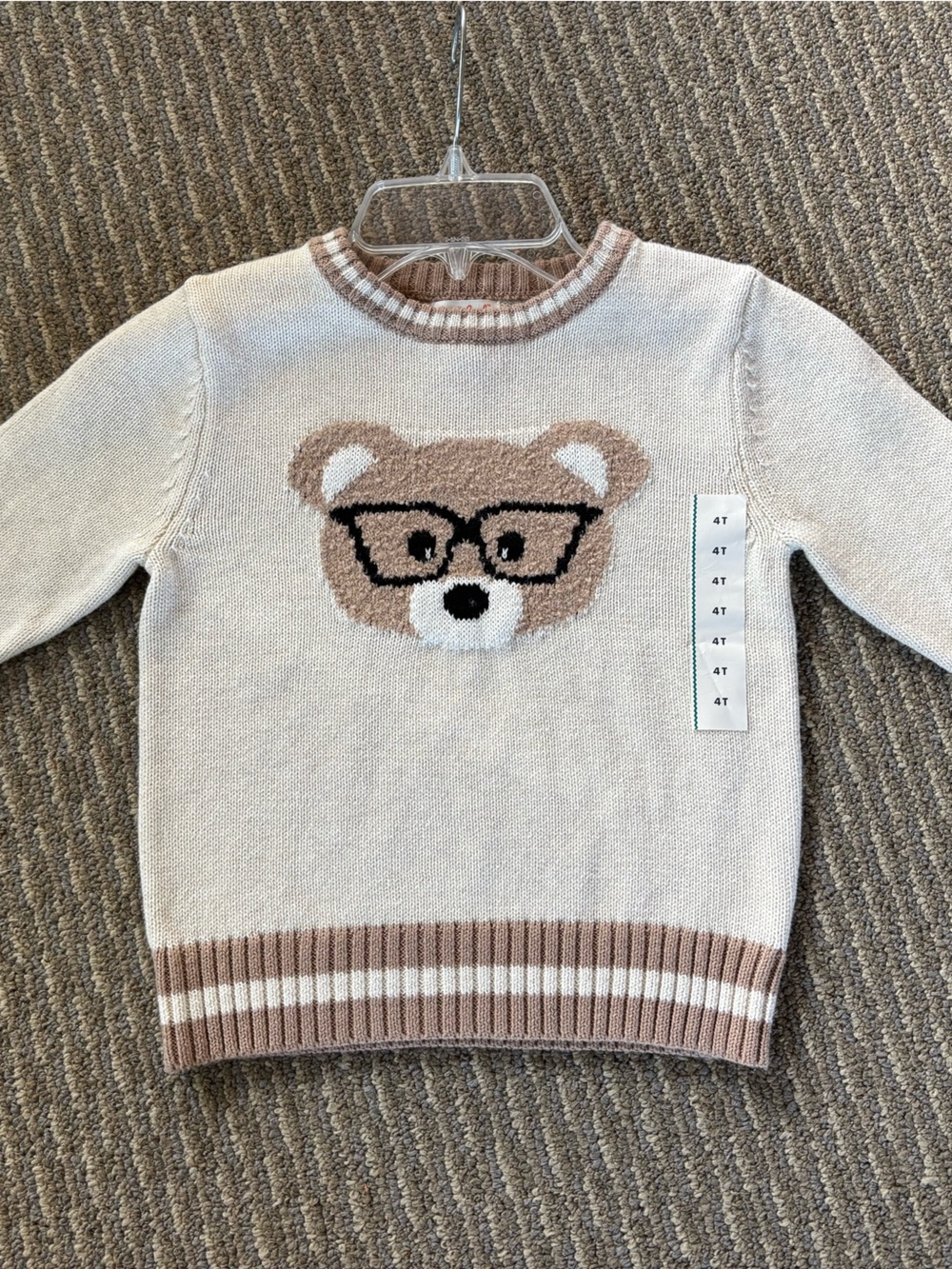 Cat & Jack Beige Bear Sweater with Glasses Motif